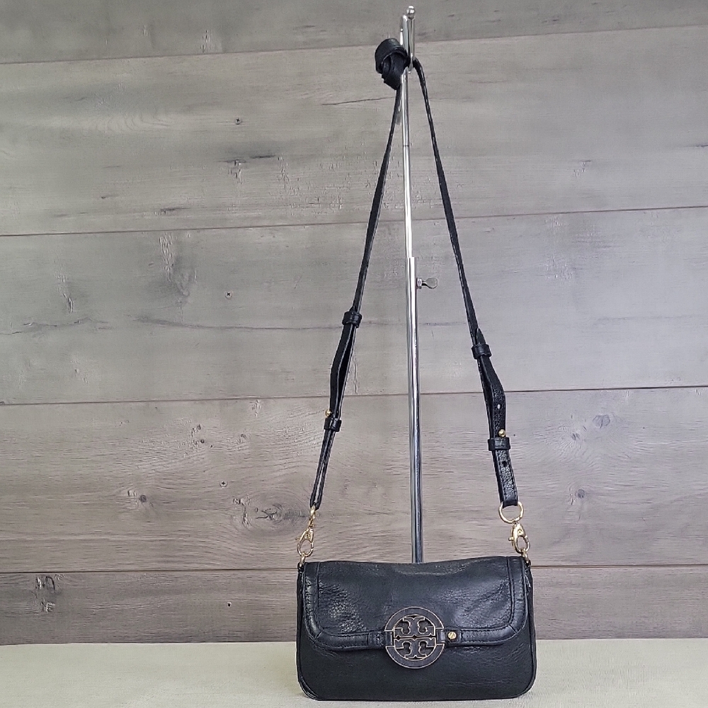 Black Leather Crossbody Shoulder Bag with Logo Emblem